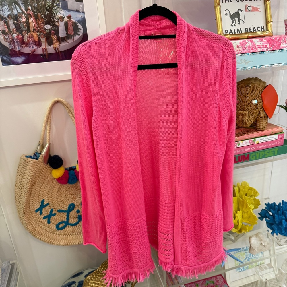 Lilly Pulitzer Noble Fringe Cardigan Deep Prosecco Pink - Picture 8 of 17